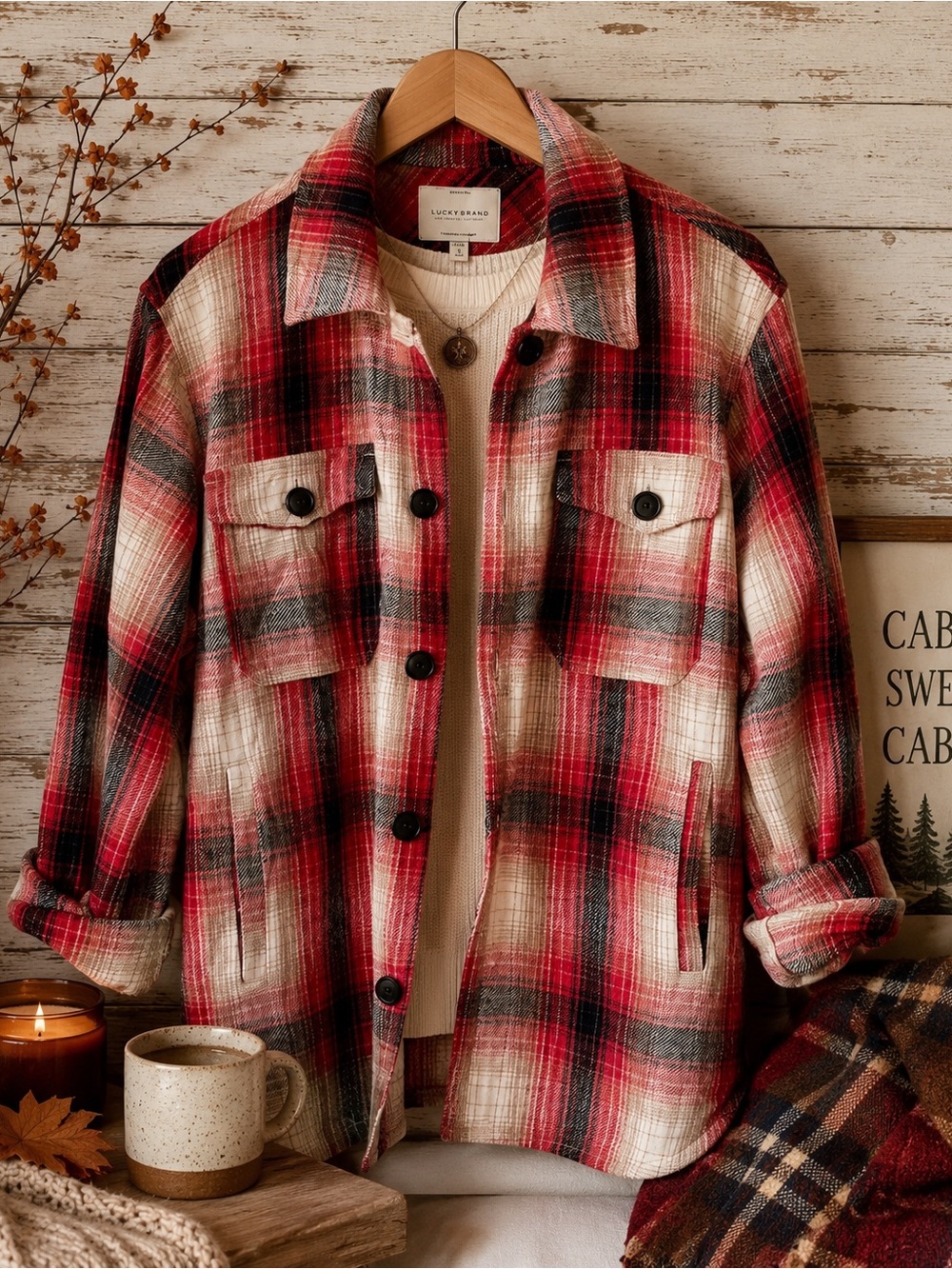 Lucky Brand Plaid Shacket Jacket Red Cream Cotton Barn Coat Americana Fall M